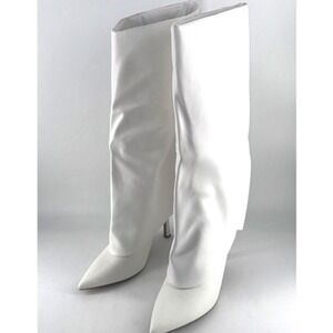 IDIFU Womens White Knee Fold Over Shark Boots Size 9.5 Stiletto Heel Pointed Toe